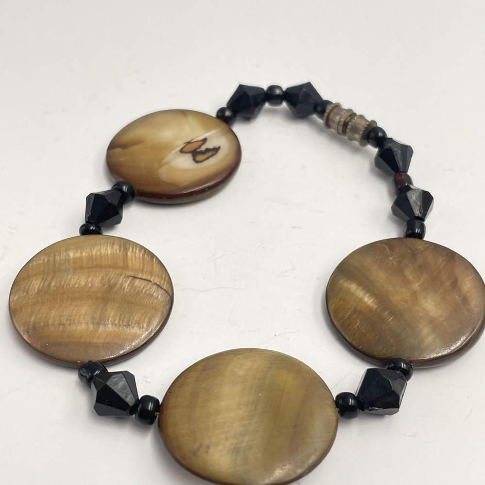 Vintage 90s Brown Shell & Black Glass Bead Bracelet Boho Earthy Minimalist Boho